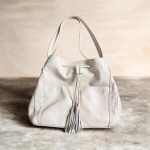 LAGGÓ Luxury Cream Pebbled Leather Drawstring Tote Bag with Tassels - Large